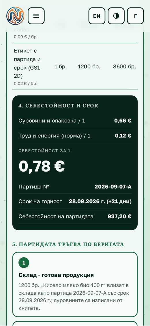 Производство — рецепта, партида, себестойност — демо в браузъра
