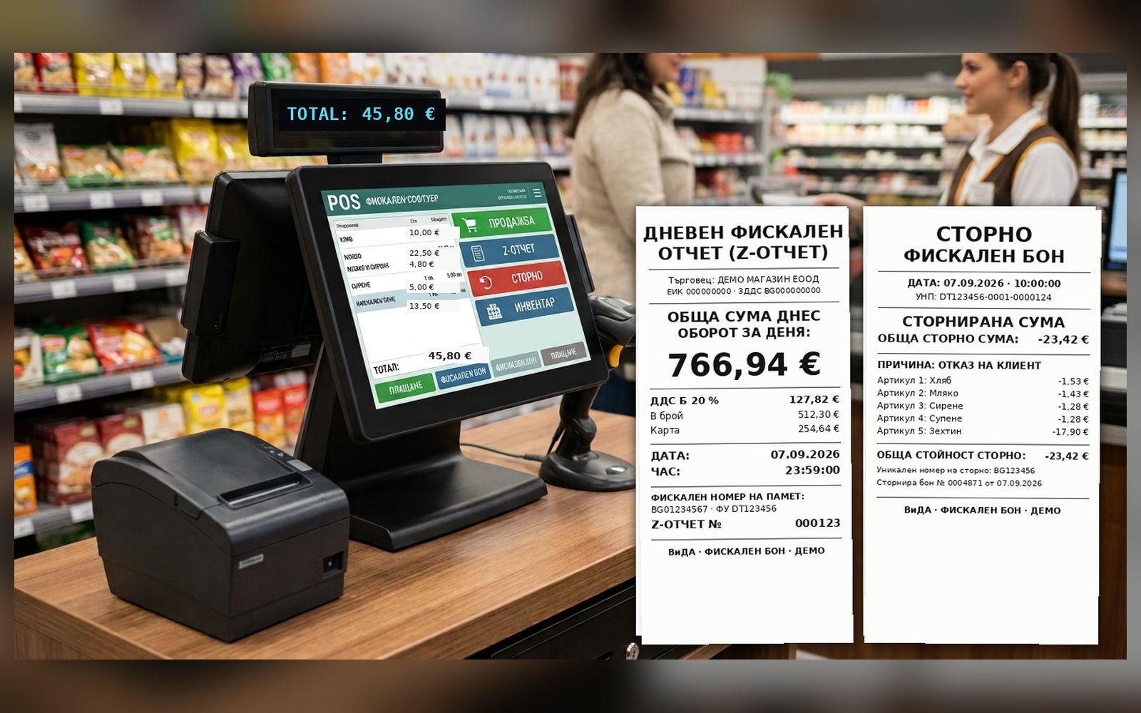 POS фискален софтуер — бон, Z-отчет, сторно
